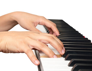 Fototapeta premium Close-Up of Hands Playing Piano Keys, Wide Horizontal Banner, isolated transparent background PNG