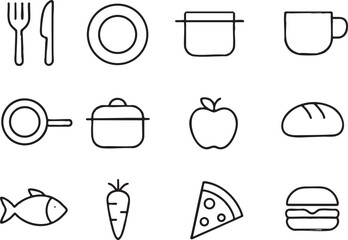 Icon sheet with 15 unique minimal line icons, evenly spaced on white background, bold deep black outlines, no color, no shading, no gradient, clean consistent style, each icon different.