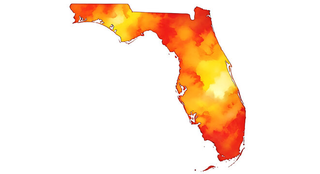 Illustration of map of florida in a vibrant watercolor style with warm colors, isolated on transparent background