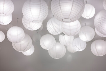 Traditional asian white paper lantern on the ceiling, Japanese Paper lamps.