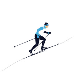 Fototapeta premium Man skiing uphill in winter sports apparel on a snowy background 