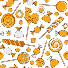 Seamless pattern with lollipop cockerel on stick and orange sweets candy. Colored vector background.