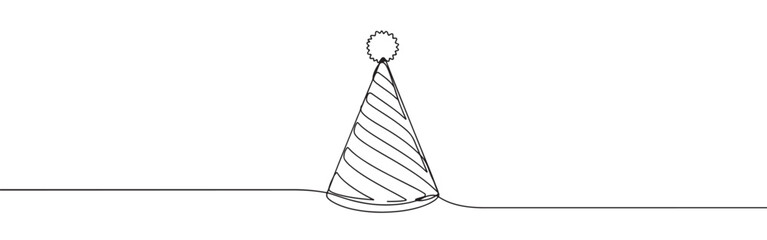 Birthday party hat lina art. Party cone and Christmas cap with decoration continuous one line drawing. © drawing lines