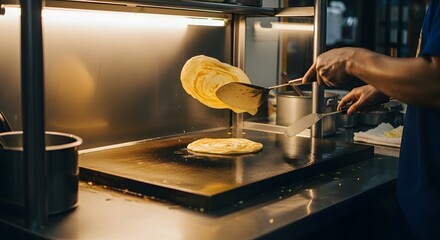 Chef cooking flatbread on a hot griddle in a restaurant kitchen.