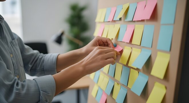 Business person managing project tasks with colorful sticky notes on a board.