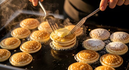 Chef Preparing Traditional Dutch Poffertjes Mini Pancakes.