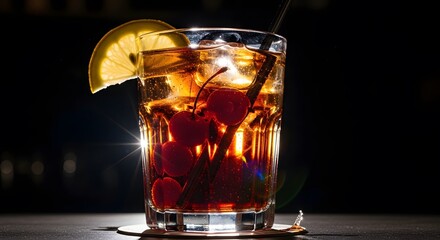 Classic Old Fashioned Cocktail with Cherry and Orange Garnish.