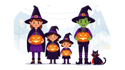 Enchanting Halloween Family: A cheerful family donned in witch costumes, each cradling a glowing pumpkin, stands united, capturing the whimsical spirit of Halloween.