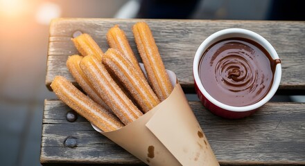Delicious Churros with Chocolate Dipping Sauce on a Wooden Table.