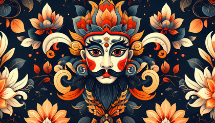 Traditional Mask Illustration with Floral Pattern, Modern Asian Art Style