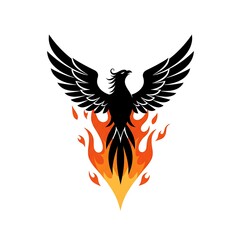 Obraz premium Black Phoenix Rising from Flames Symbol of Rebirth and Transformation with White Background.