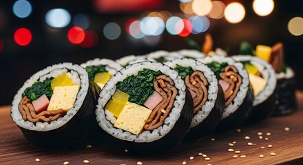 Delicious Korean Gimbap Rolls on Wooden Board.