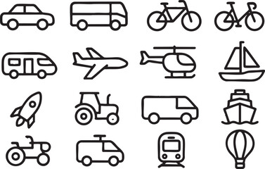 Icon sheet with 15 unique minimal line icons, evenly spaced on white background, bold deep black outlines, no color, no shading, no gradient, clean consistent style, each icon different.