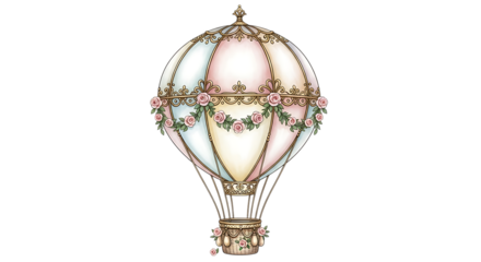 Illustration of an ornate hot air balloon with pastel colors and floral decorations, isolated on transparent background