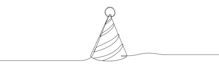 Birthday party hat lina art. Party cone and Christmas cap with decoration continuous one line drawing. © drawing lines