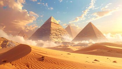 Surreal desert landscape with floating pyramids, dreamy tones