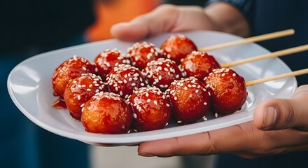 Delicious Sweet and Savory Meatballs on Skewers with Sesame Seeds.
