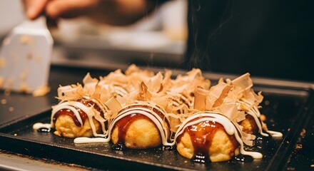 Delicious Takoyaki Balls with Toppings on a Griddle.