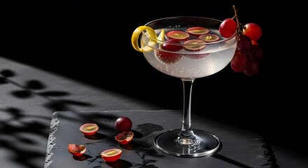 Exotic Passion Fruit and Cherry Cocktail in a Coupe Glass.