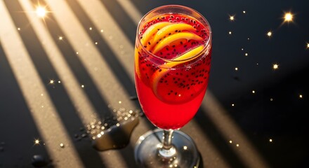 Elegant Red Cocktail with Orange Garnish and Festive Lights.