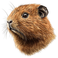 Closeup illustration of a fluffy brown guinea pig head with black ears, isolated on a transparent background