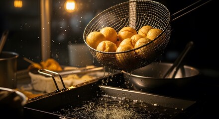 Golden Fried Dough Balls Being Lifted From Hot Oil.