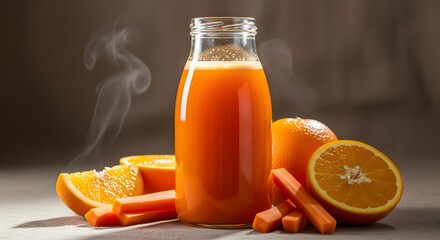 Freshly squeezed orange and carrot juice in a glass bottle with steam rising.