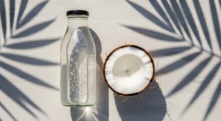 Fresh Coconut Water in a Glass Bottle with Tropical Palm Leaf Shadows.