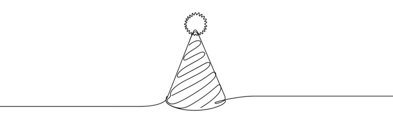 Birthday party hat lina art. Party cone and Christmas cap with decoration continuous one line drawing. © drawing lines