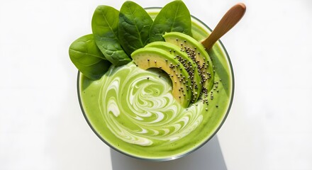 Healthy Green Smoothie Bowl with Avocado and Spinach.