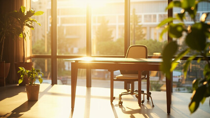 Fototapeta premium Sunlit Workspace: The image encapsulates the essence of a modern workspace with natural light, depicting a desk bathed in sunlight. It highlights elements of tranquility and professional environment.