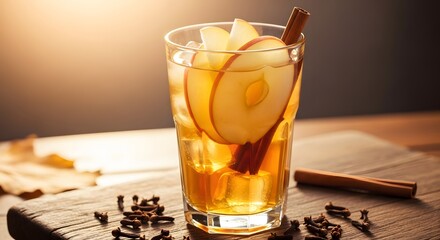 Refreshing Apple Cider Cocktail with Cinnamon and Ice.