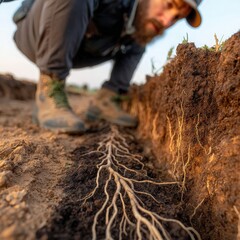 Person Examining Exposed Plant Roots in Soil Trench