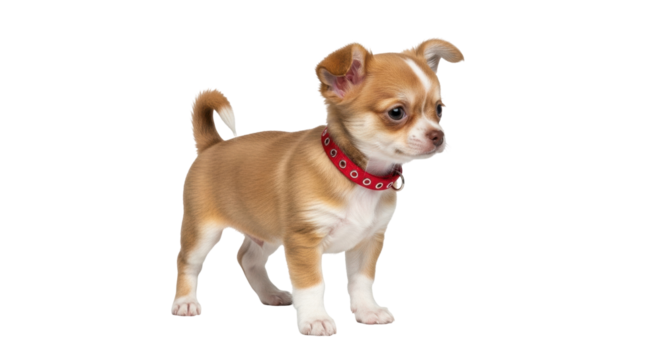 Isolated tan Chihuahua puppy with a red collar posing while looking to the right side