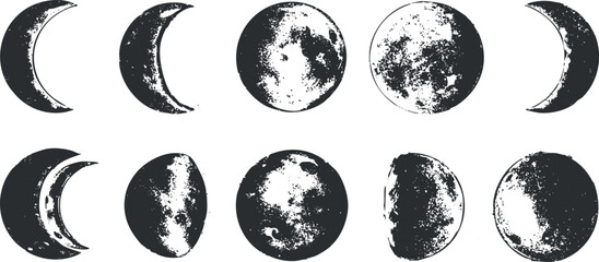Obraz premium Illustration of various moon phases from crescent to full moon in black and white..