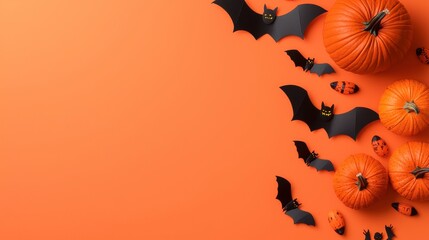 Festive Halloween Decorations with Pumpkins and Bats on Orange Background