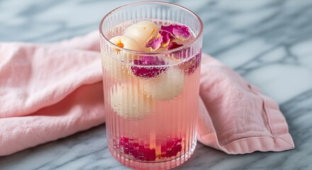 Refreshing Lychee Rose Drink with Pink Napkin on Marble Surface.