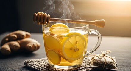 Refreshing Lemon Ginger Tea with Honey and Herbs.