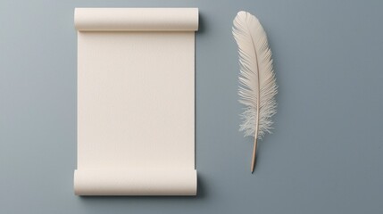Vintage Scroll and Feather Pen on a Smooth Surface Background