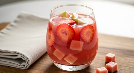Refreshing Strawberry and Watermelon Drink with Fruit Chunks.