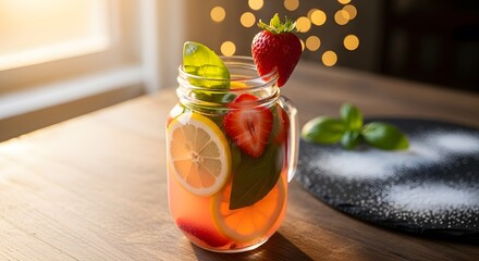 Refreshing Strawberry Lemon and Basil Infused Water.