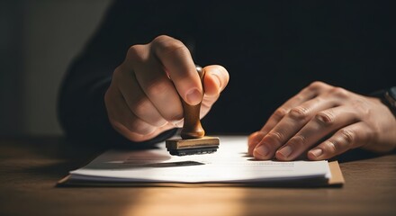 Stamping Approval - Hand Applying Seal to Document on Wooden Desk.