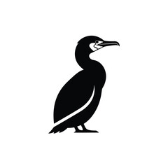 Black silhouette of a cormorant bird standing profile isolated on white background silhouette