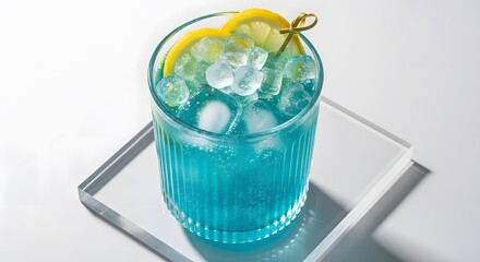 Vibrant Blue Cocktail with Lemon Garnish on a Clear Tray.