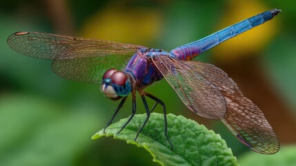 Close-up of a blue and purple dragonfly on a green leaf