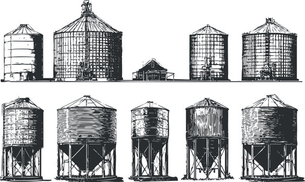 Illustration of various types of silos and water tanks in a rural setting..