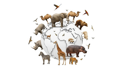 Isolated animals of the world standing on a globe concept representation earth day art