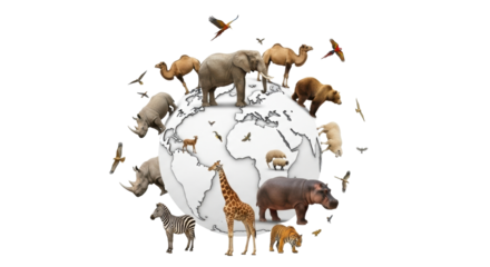 Isolated animals of the world standing on a globe concept representation earth day art
