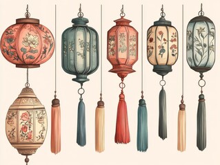 Elegant Floral Lantern Set with Colorful Tassels and Details