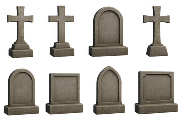 Eight stone grave markers and crosses with varying designs on a checkered background tombstone headstone isolated on a transparent background